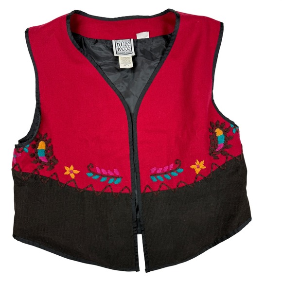 Russ Sport Company Jackets & Blazers - Russ Sport Company Vintage Red Wool Black Corduroy Embroidered Floral Vest Small